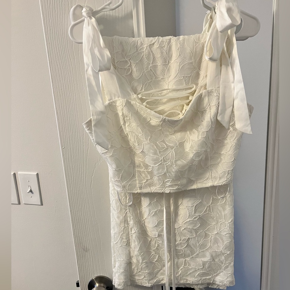 Lulus “My Love is True” White Lace Tie-Strap Two-Piece Jumpsuit